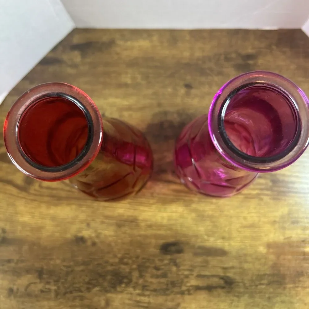 Vintage DPS Circles Vases Red Pink Dots Pair Set 8.5in Retro Mid Century Glass